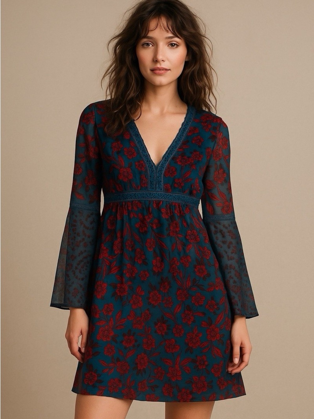 NWT Abercrombie & Fitch Teal Dress with Red Floral Print